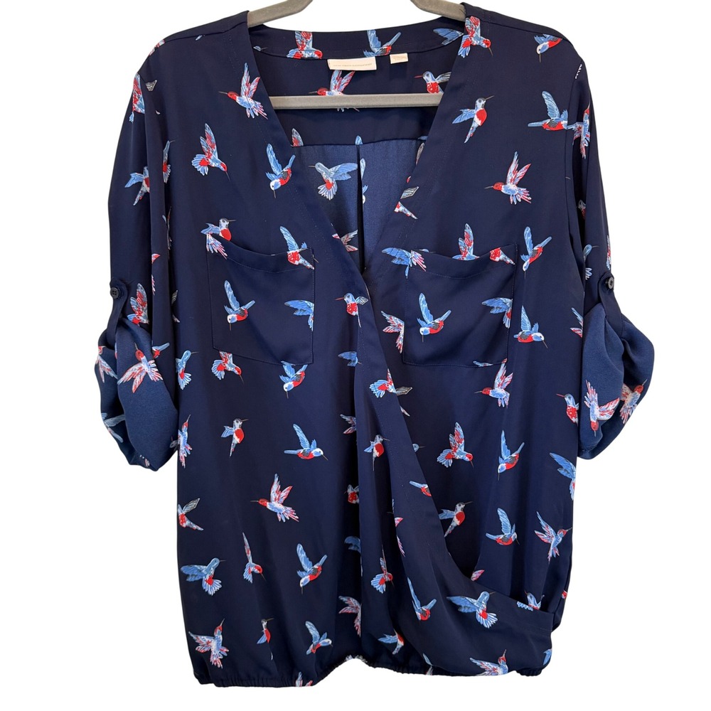 New York & Company Navy Blue Hummingbird Print 3/4 Roll-Tab Sleeve Blouse‎ Sz L